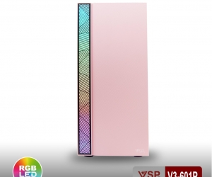 Case VSP V3-601P Pink (370x196x432mm, Dãy LED RGB, Hông trong suốt, Fan đuôi 1x120mm ko kèm, Fan trước 2x120mm ko kèm, 1xUSB3.0, 1xUSB2.0, 2xHDD, 2xSSD, Nguồn trên dây dài)(THAY THẾ CHO 603P Pink) 